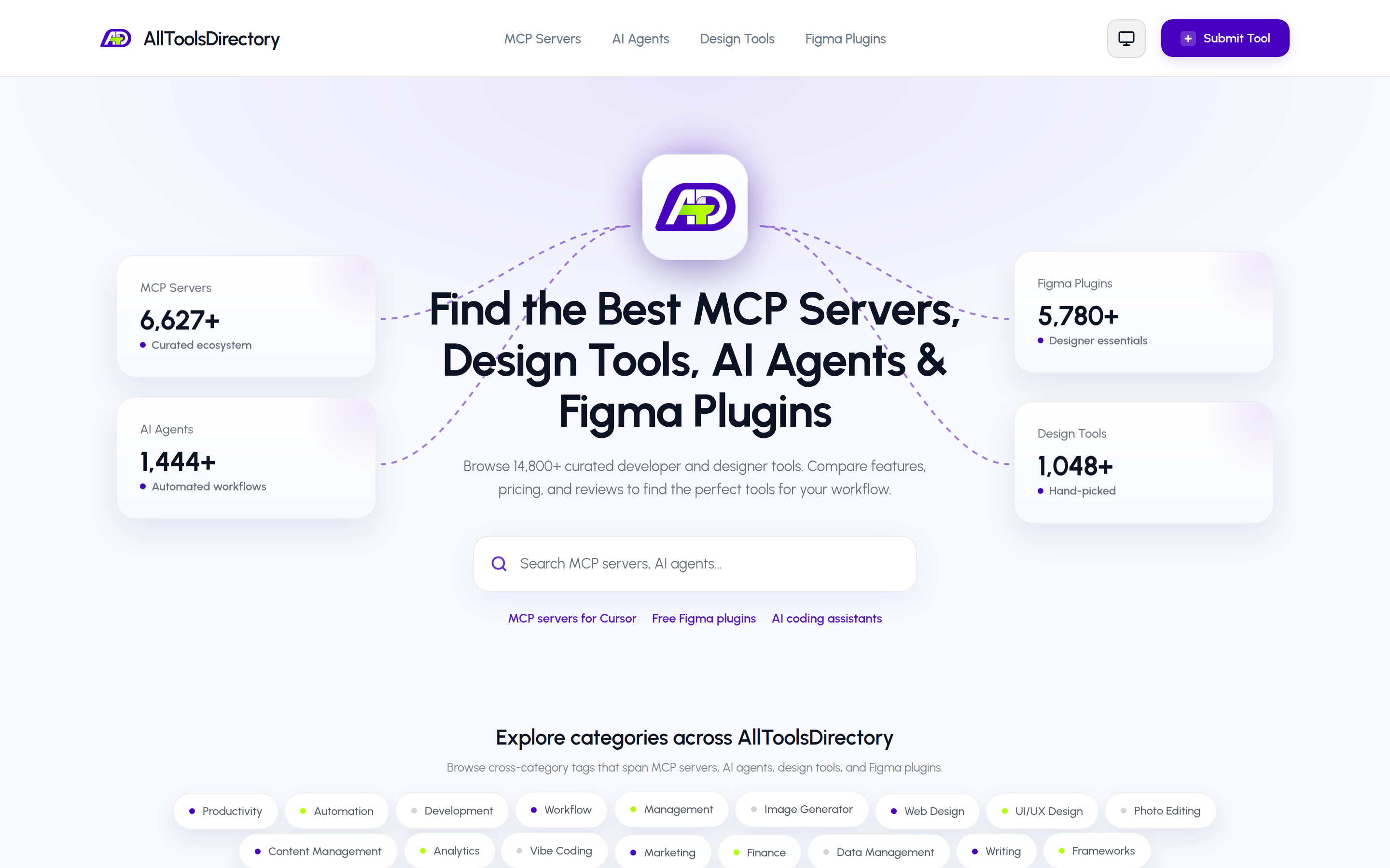 AllToolsDirectory hero — MCP servers, design tools, AI agents and Figma plugins directory